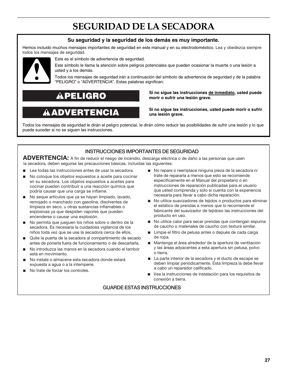 Seguridad de la secadora, Advertencia peligro, Advertencia | KITCHENAID KEHS01P User Manual | Page 27 / 72