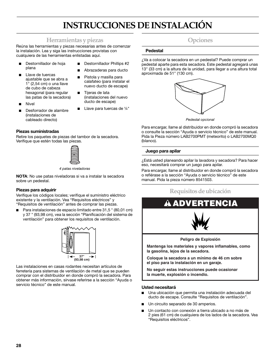 Instrucciones de instalación, Advertencia, Herramientas y piezas | Opciones, Requisitos de ubicación | KITCHENAID KEHS01P User Manual | Page 28 / 72