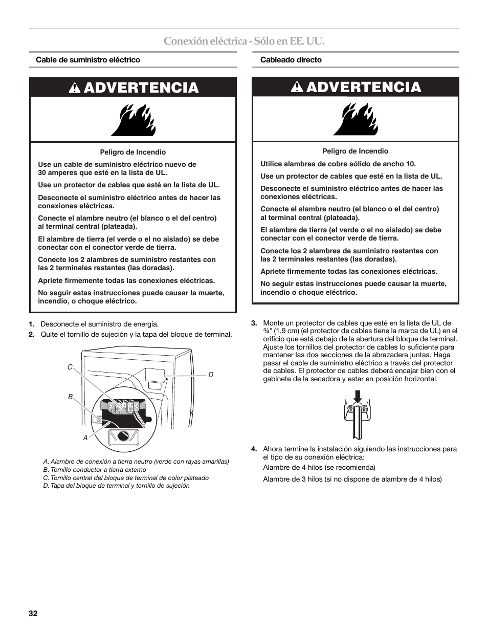 Advertencia, Conexión eléctrica - sólo en ee. uu | KITCHENAID KEHS01P User Manual | Page 32 / 72