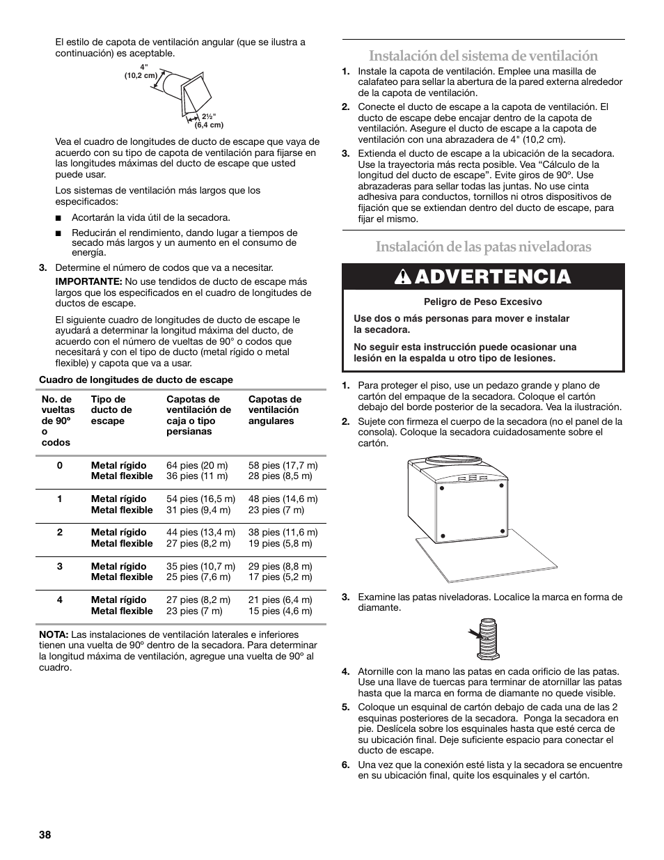 Advertencia, Instalación del sistema de ventilación, Instalación de las patas niveladoras | KITCHENAID KEHS01P User Manual | Page 38 / 72