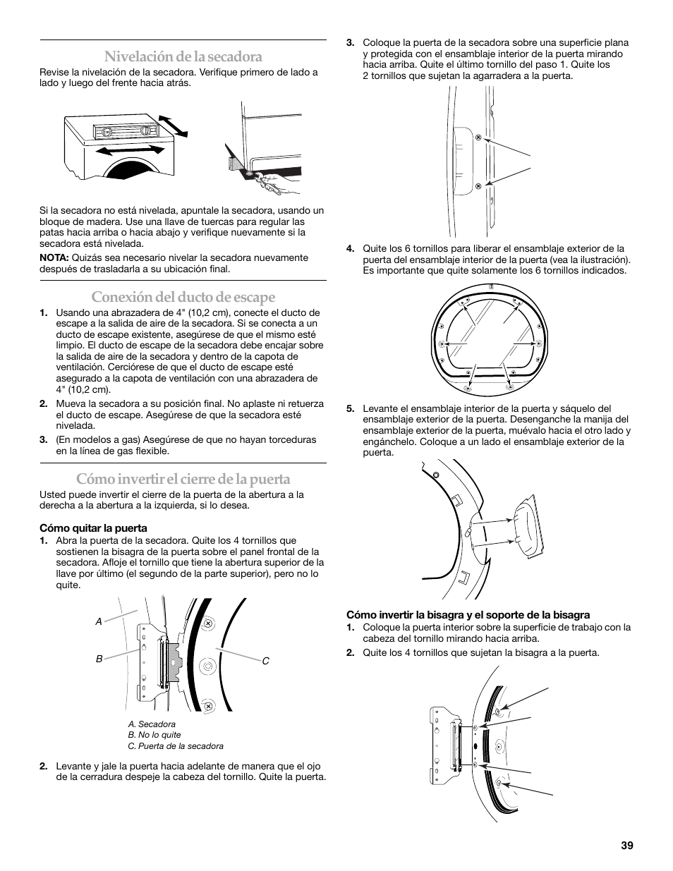 Nivelación de la secadora, Conexión del ducto de escape, Cómo invertir el cierre de la puerta | KITCHENAID KEHS01P User Manual | Page 39 / 72