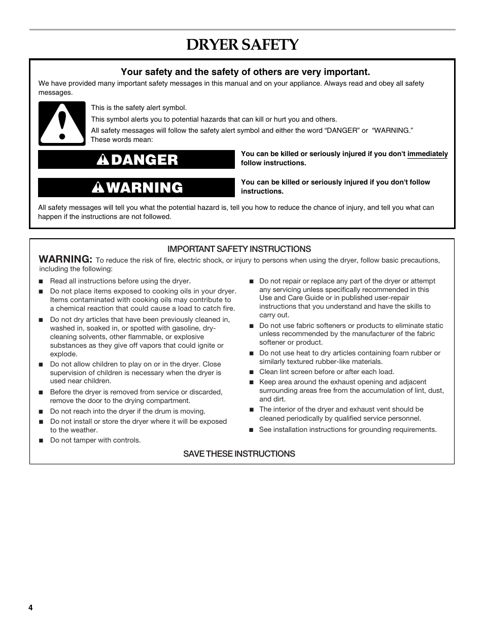 Dryer safety, Danger warning, Warning | KITCHENAID KEHS01P User Manual | Page 4 / 72
