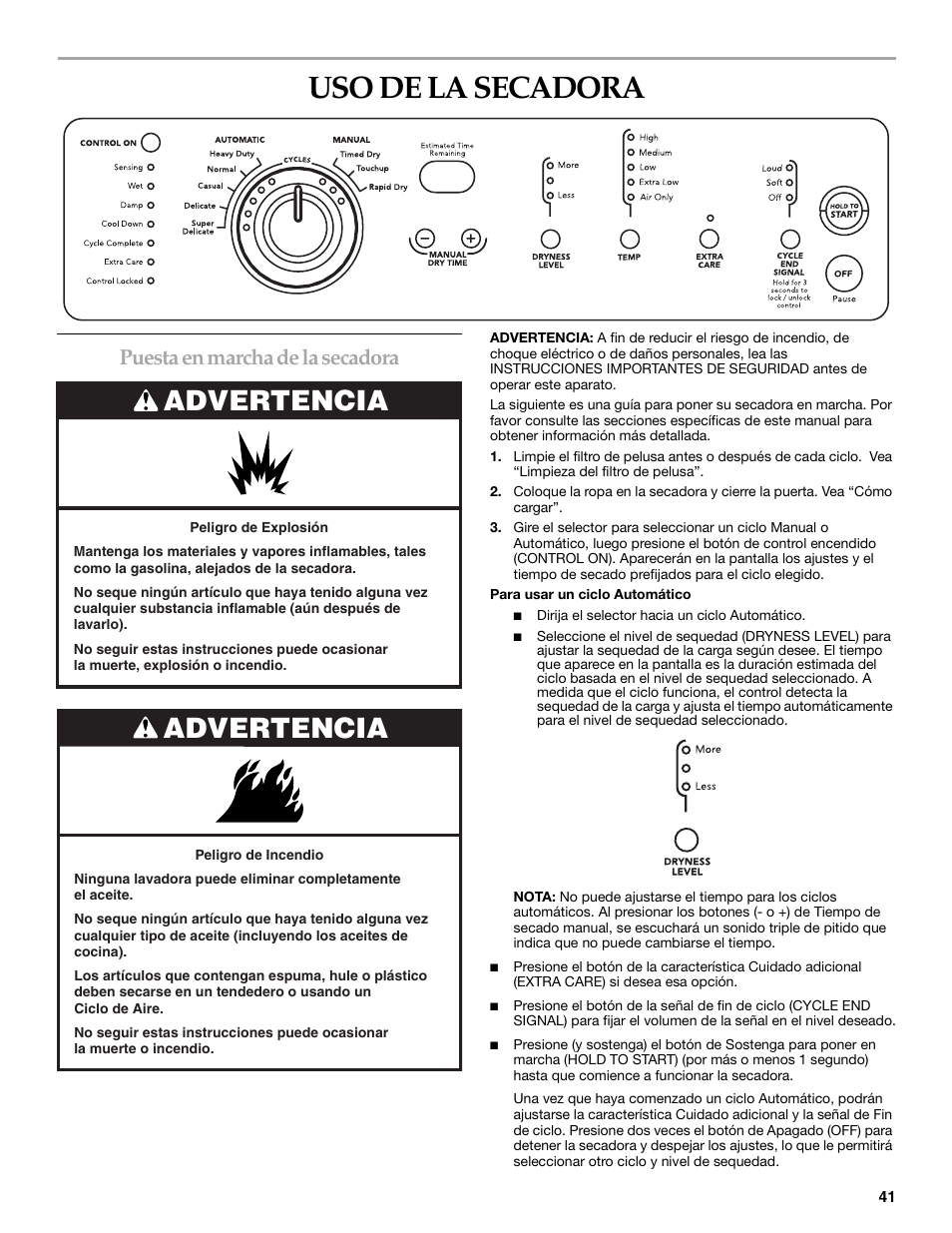 Uso de la secadora, Advertencia, Puesta en marcha de la secadora | KITCHENAID KEHS01P User Manual | Page 41 / 72