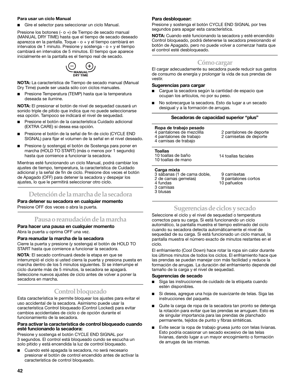 Detención de la marcha de la secadora, Pausa o reanudación de la marcha, Control bloqueado | Cómo cargar, Sugerencias de ciclos y secado | KITCHENAID KEHS01P User Manual | Page 42 / 72