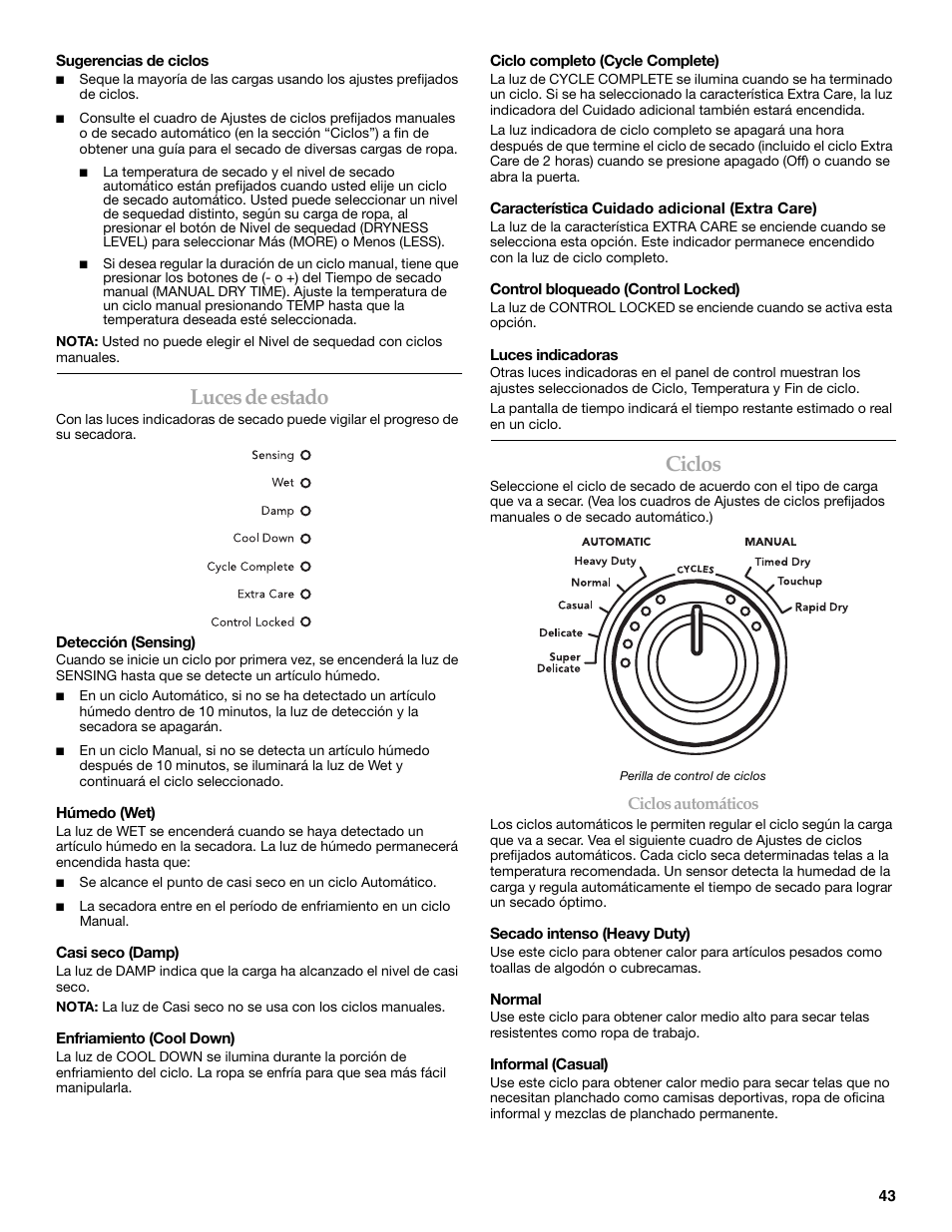 Luces de estado, Ciclos | KITCHENAID KEHS01P User Manual | Page 43 / 72