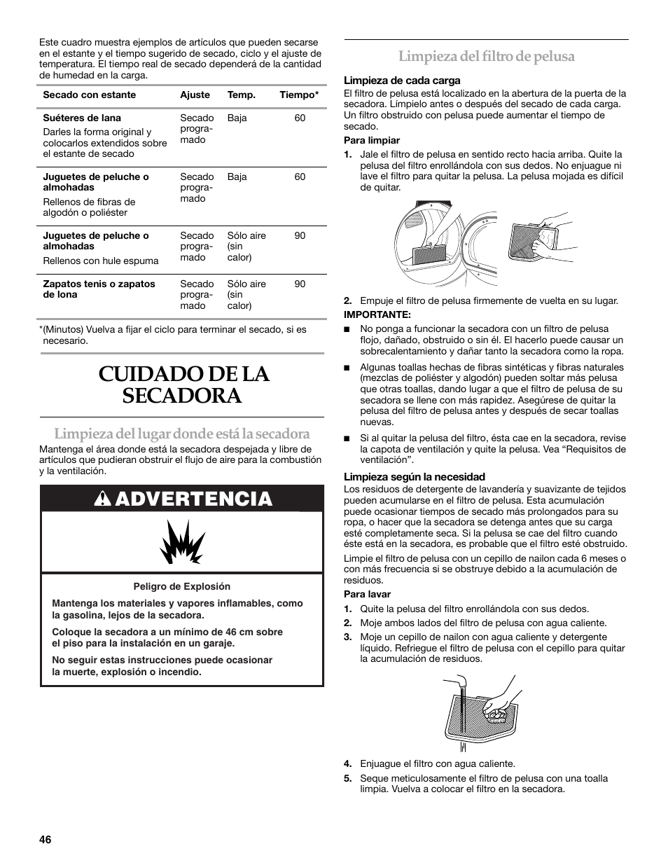Cuidado de la secadora, Advertencia, Limpieza del lugar donde está la secadora | Limpieza del filtro de pelusa | KITCHENAID KEHS01P User Manual | Page 46 / 72