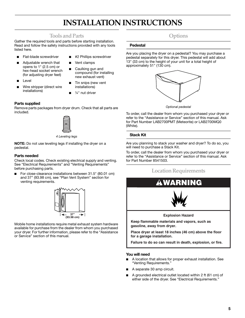 Installation instructions, Warning, Tools and parts | Options, Location requirements | KITCHENAID KEHS01P User Manual | Page 5 / 72