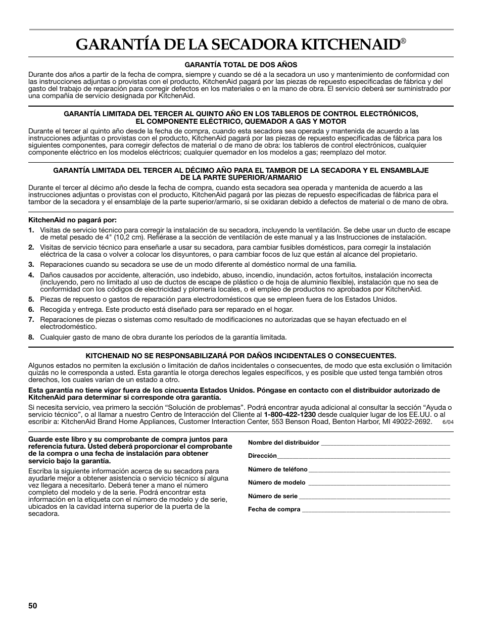 Garantía de la secadora kitchenaid | KITCHENAID KEHS01P User Manual | Page 50 / 72
