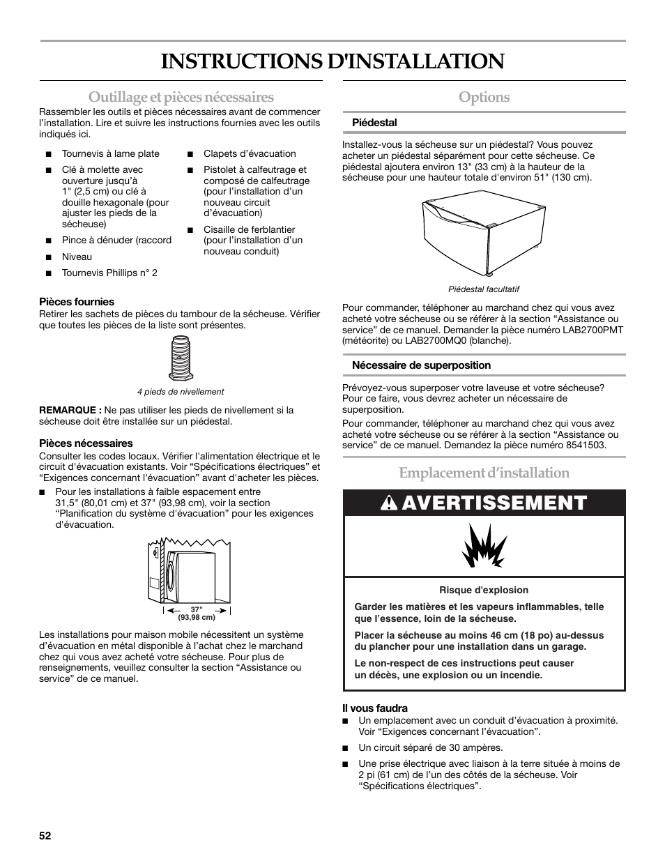 Instructions d'installation, Avertissement, Outillage et pièces nécessaires | Options, Emplacement d’installation | KITCHENAID KEHS01P User Manual | Page 52 / 72
