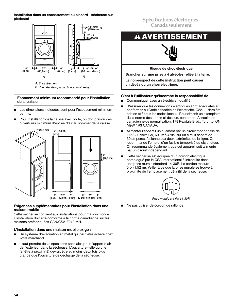 Avertissement, Spécifications électriques - canada seulement | KITCHENAID KEHS01P User Manual | Page 54 / 72