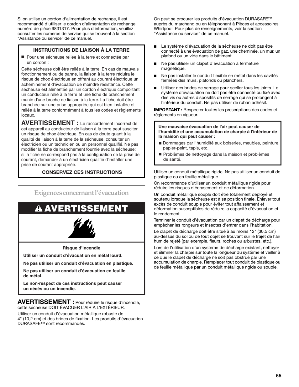Exigences concernant l’évacuation, Avertissement | KITCHENAID KEHS01P User Manual | Page 55 / 72