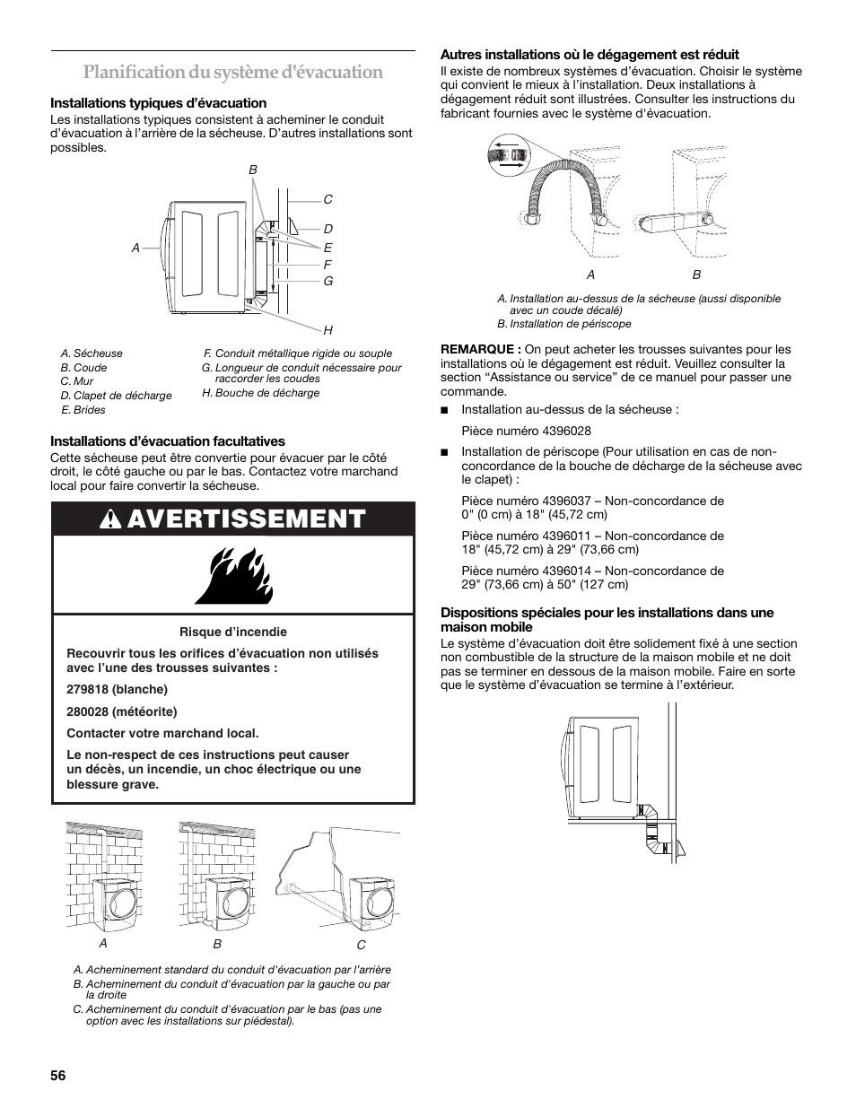 Avertissement, Planification du système d'évacuation | KITCHENAID KEHS01P User Manual | Page 56 / 72
