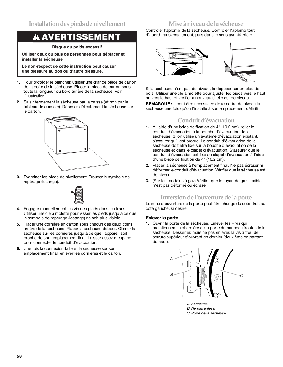 Avertissement, Installation des pieds de nivellement, Mise à niveau de la sécheuse | Conduit d’évacuation, Inversion de l'ouverture de la porte | KITCHENAID KEHS01P User Manual | Page 58 / 72