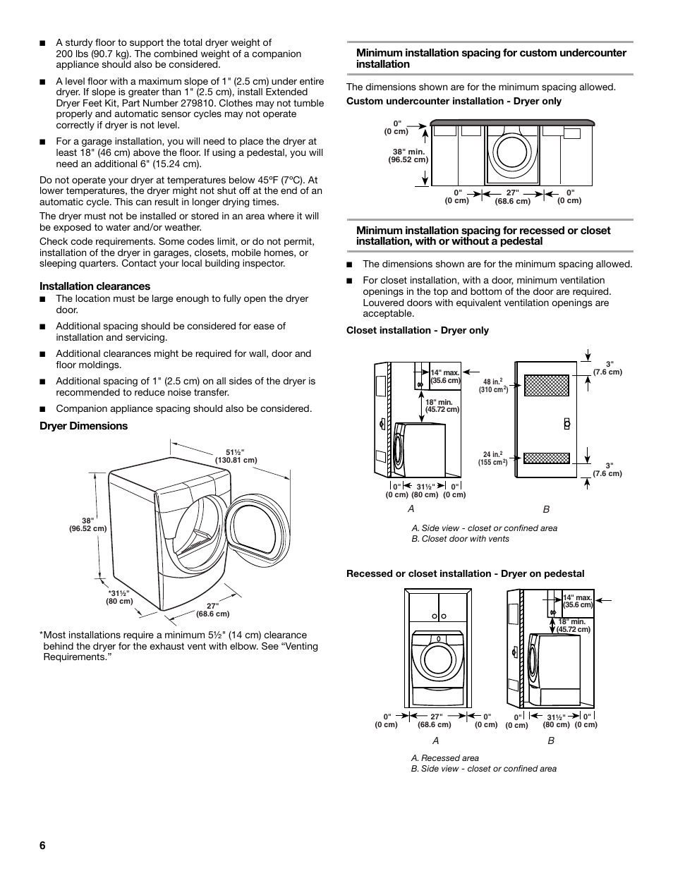 Installation clearances, Dryer dimensions | KITCHENAID KEHS01P User Manual | Page 6 / 72