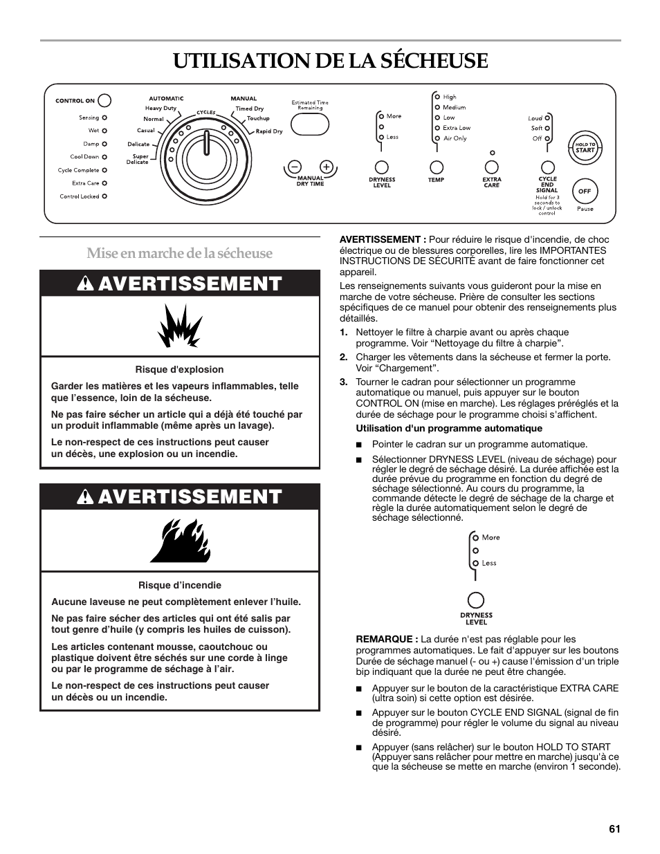 Utilisation de la sécheuse, Avertissement, Mise en marche de la sécheuse | KITCHENAID KEHS01P User Manual | Page 61 / 72