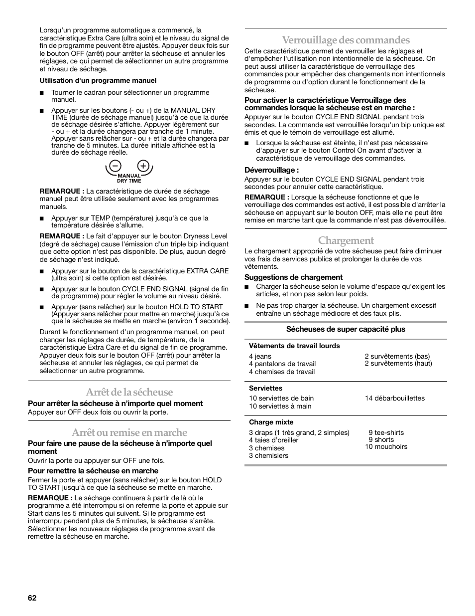 Arrêt de la sécheuse, Arrêt ou remise en marche, Verrouillage des commandes | Chargement | KITCHENAID KEHS01P User Manual | Page 62 / 72
