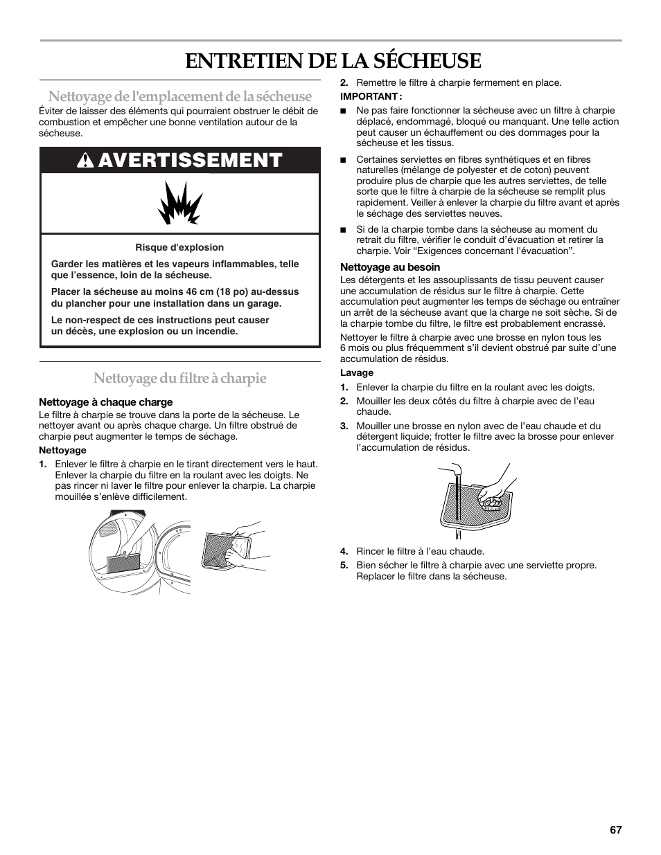 Entretien de la sécheuse, Avertissement, Nettoyage de l'emplacement de la sécheuse | Nettoyage du filtre à charpie | KITCHENAID KEHS01P User Manual | Page 67 / 72