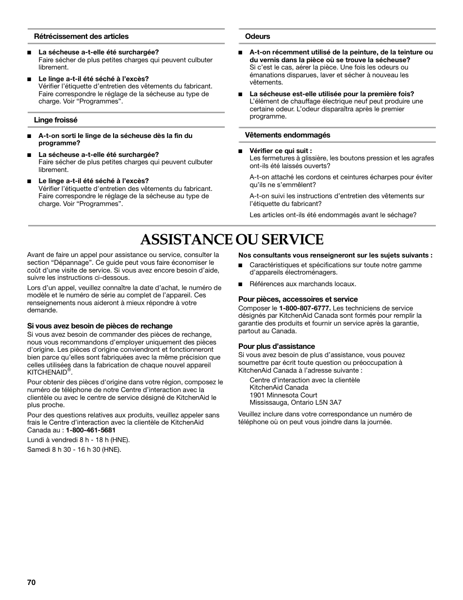 Assistance ou service | KITCHENAID KEHS01P User Manual | Page 70 / 72