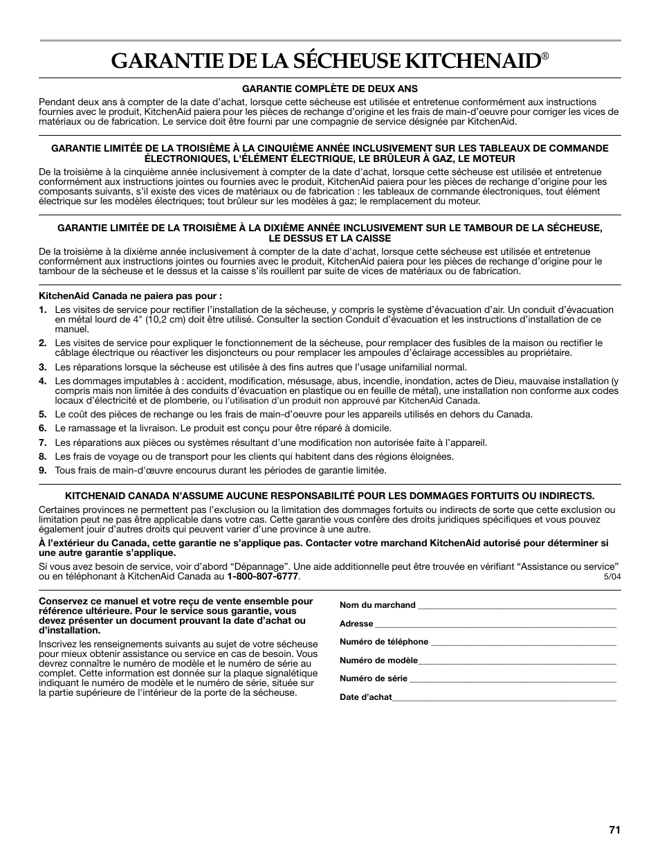 Garantie de la sécheuse kitchenaid | KITCHENAID KEHS01P User Manual | Page 71 / 72