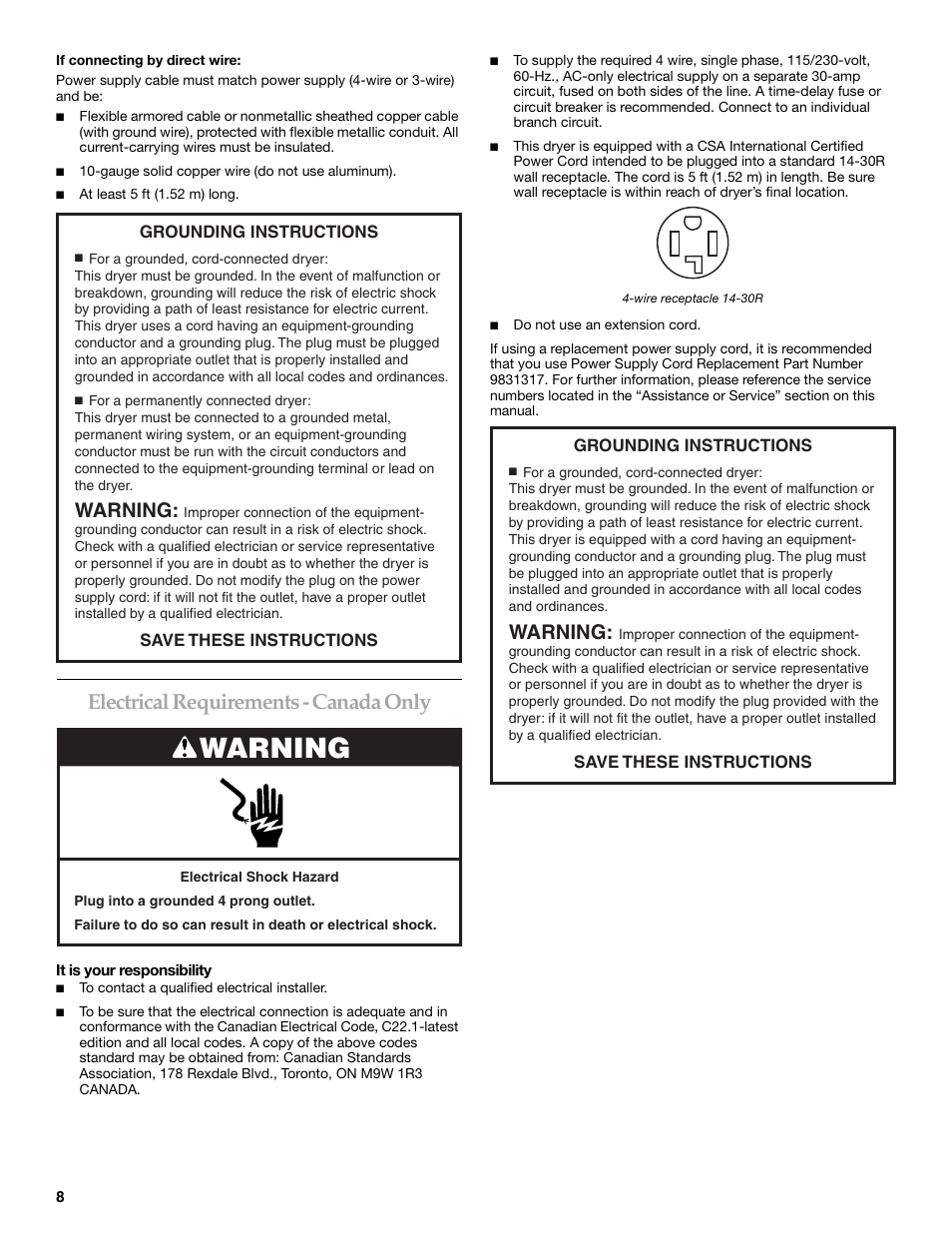 Electrical requirements - canada only, Warning | KITCHENAID KEHS01P User Manual | Page 8 / 72