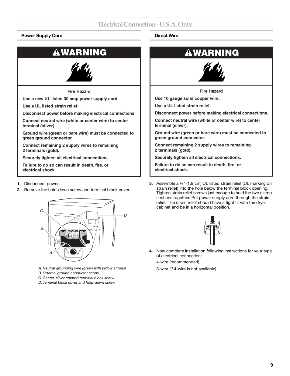 Warning, Electrical connection - u.s.a. only | KITCHENAID KEHS01P User Manual | Page 9 / 72