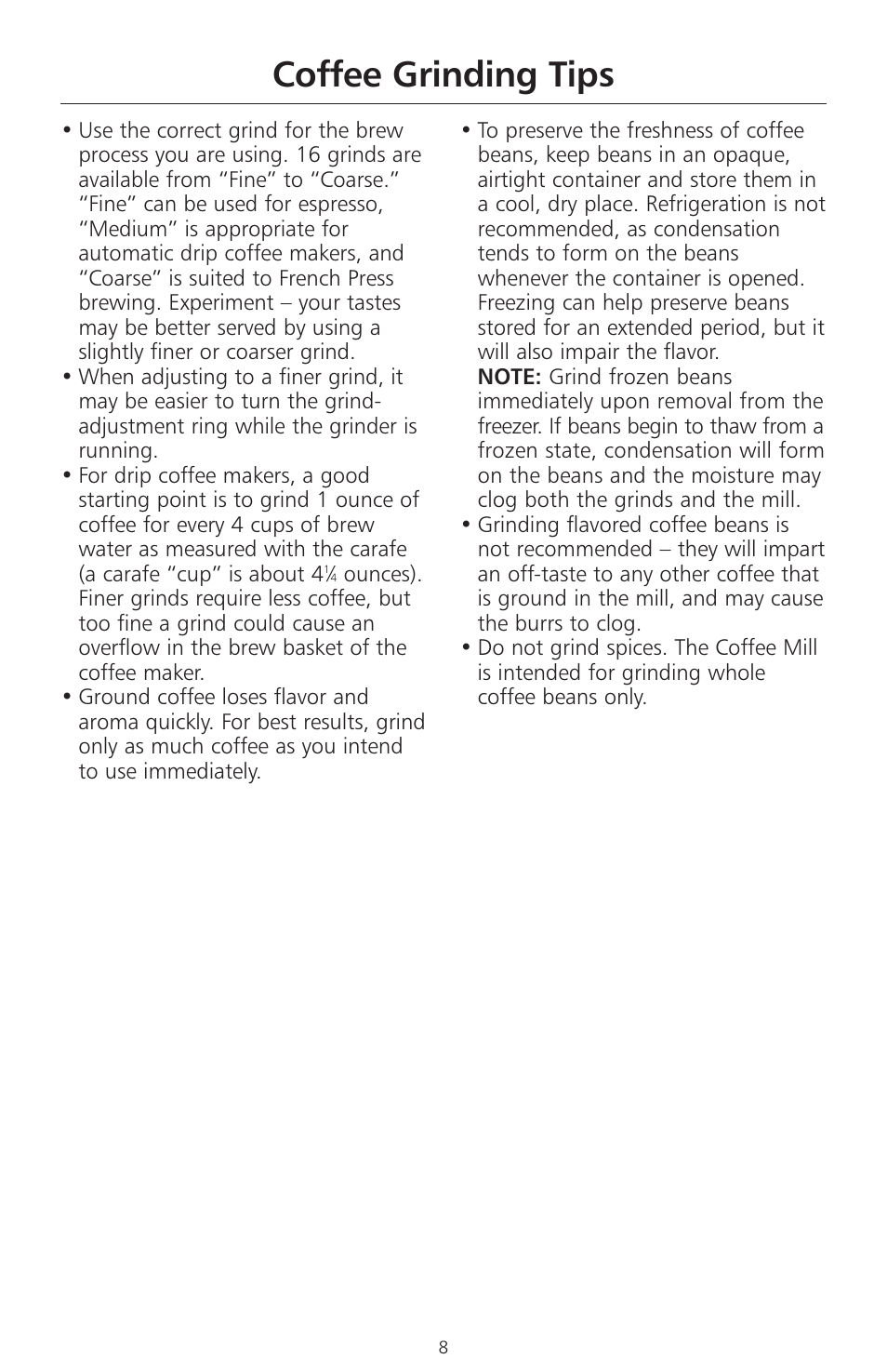 Coffee grinding tips | KITCHENAID A-9 User Manual | Page 10 / 16