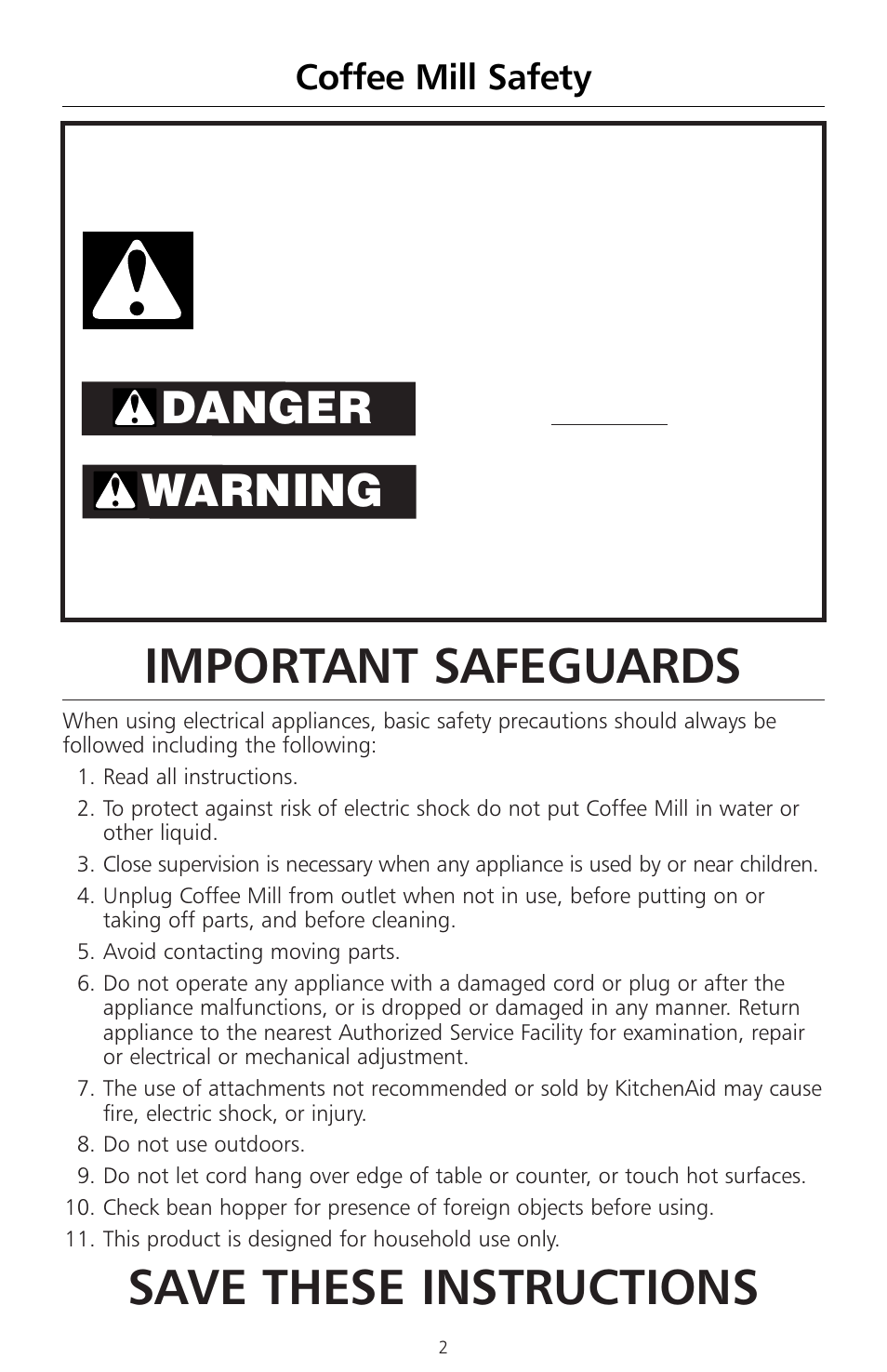 Important safeguards, Save these instructions, Danger warning | Coffee mill safety | KITCHENAID A-9 User Manual | Page 4 / 16