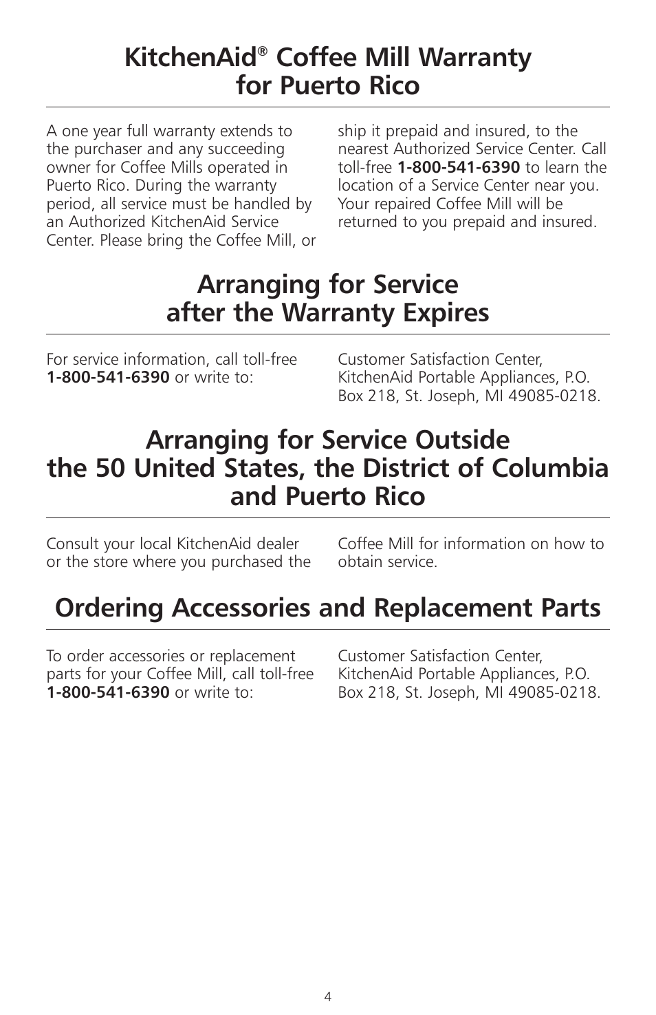 Kitchenaid, Coffee mill warranty for puerto rico, Ordering accessories and replacement parts | Arranging for service after the warranty expires | KITCHENAID A-9 User Manual | Page 6 / 16