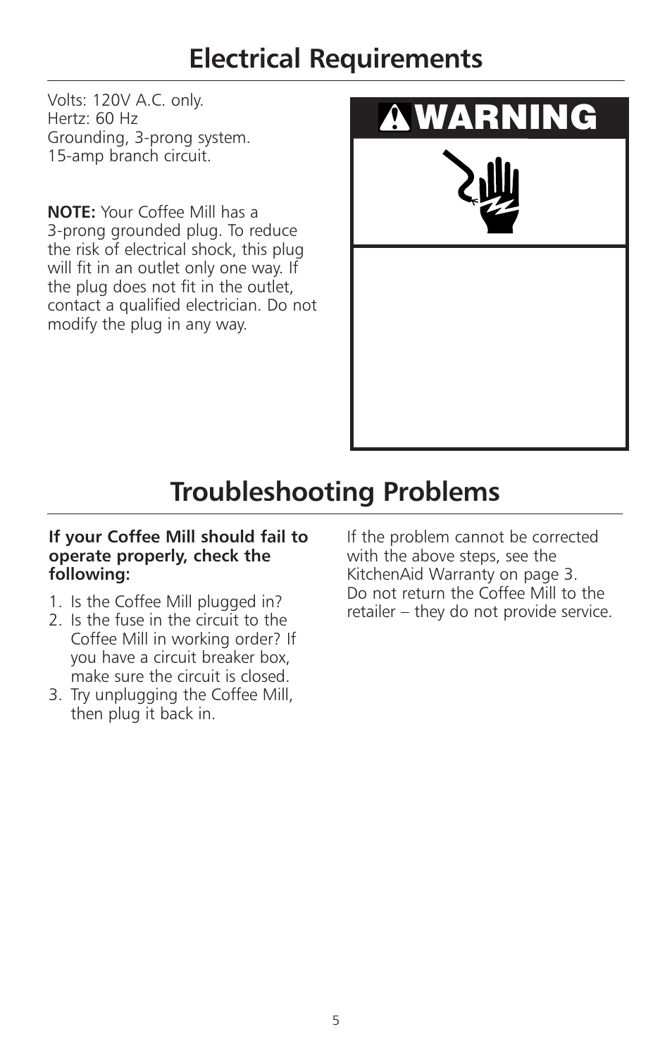 Warning, Troubleshooting problems, Electrical requirements | KITCHENAID A-9 User Manual | Page 7 / 16
