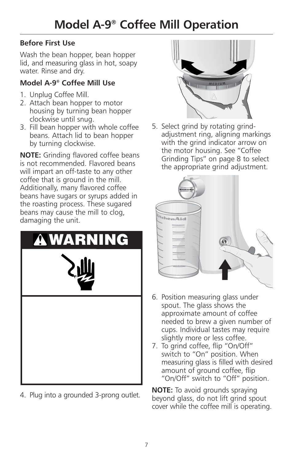 Warning, Model a-9, Coffee mill operation | KITCHENAID A-9 User Manual | Page 9 / 16