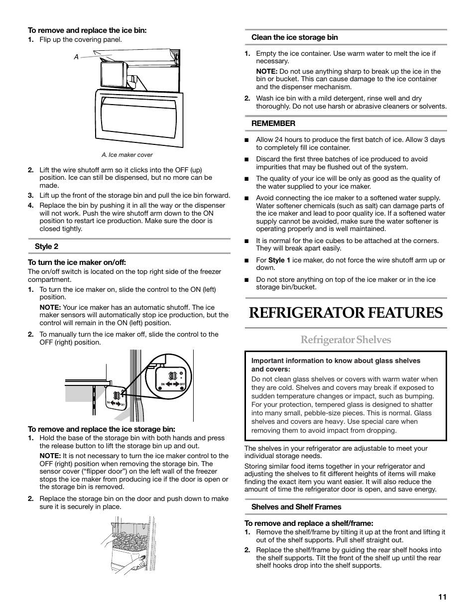 Refrigerator features, Refrigerator shelves | KITCHENAID BUILT-IN REFRIGERATOR User Manual | Page 11 / 64