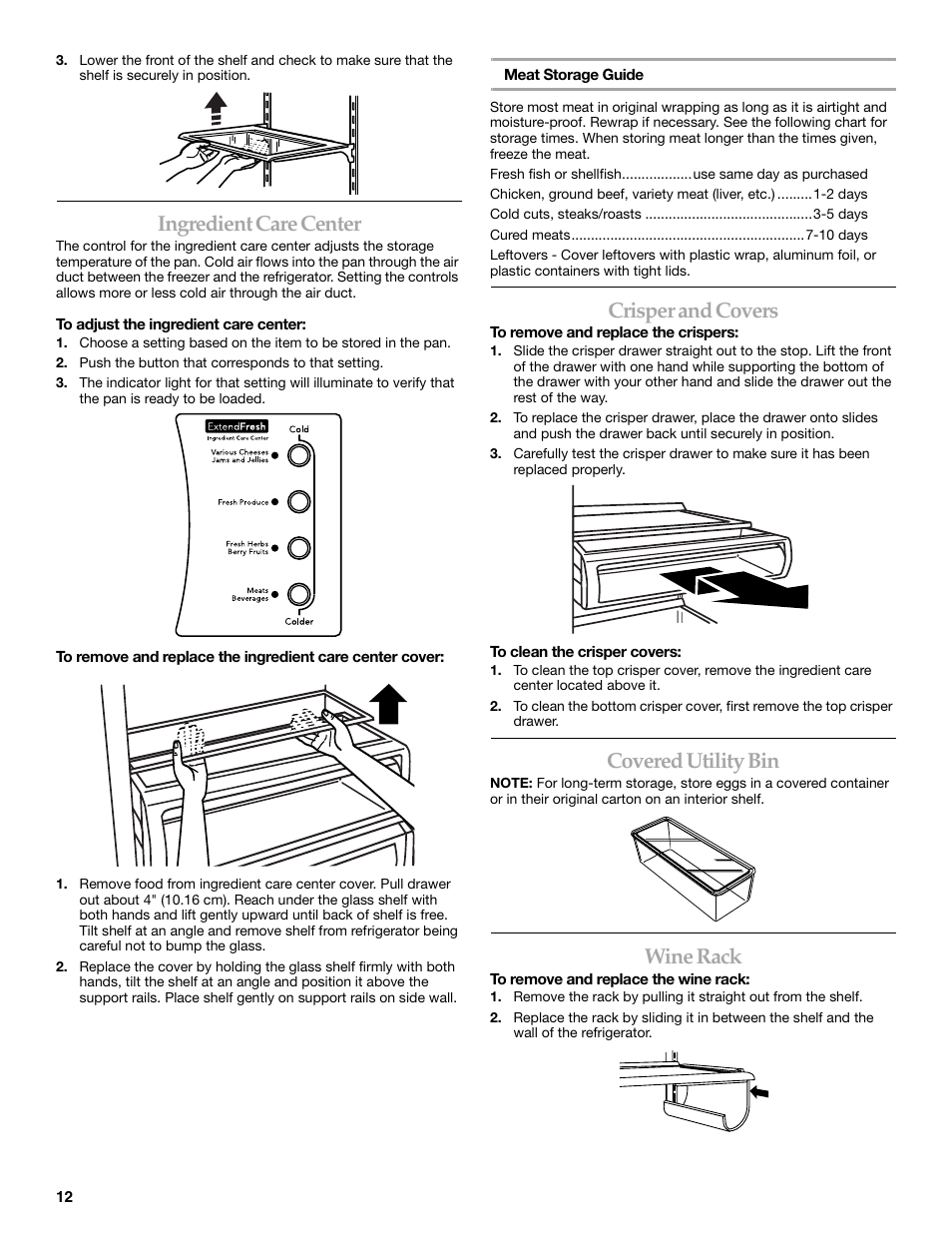 Ingredient care center, Crisper and covers, Covered utility bin | Wine rack | KITCHENAID BUILT-IN REFRIGERATOR User Manual | Page 12 / 64