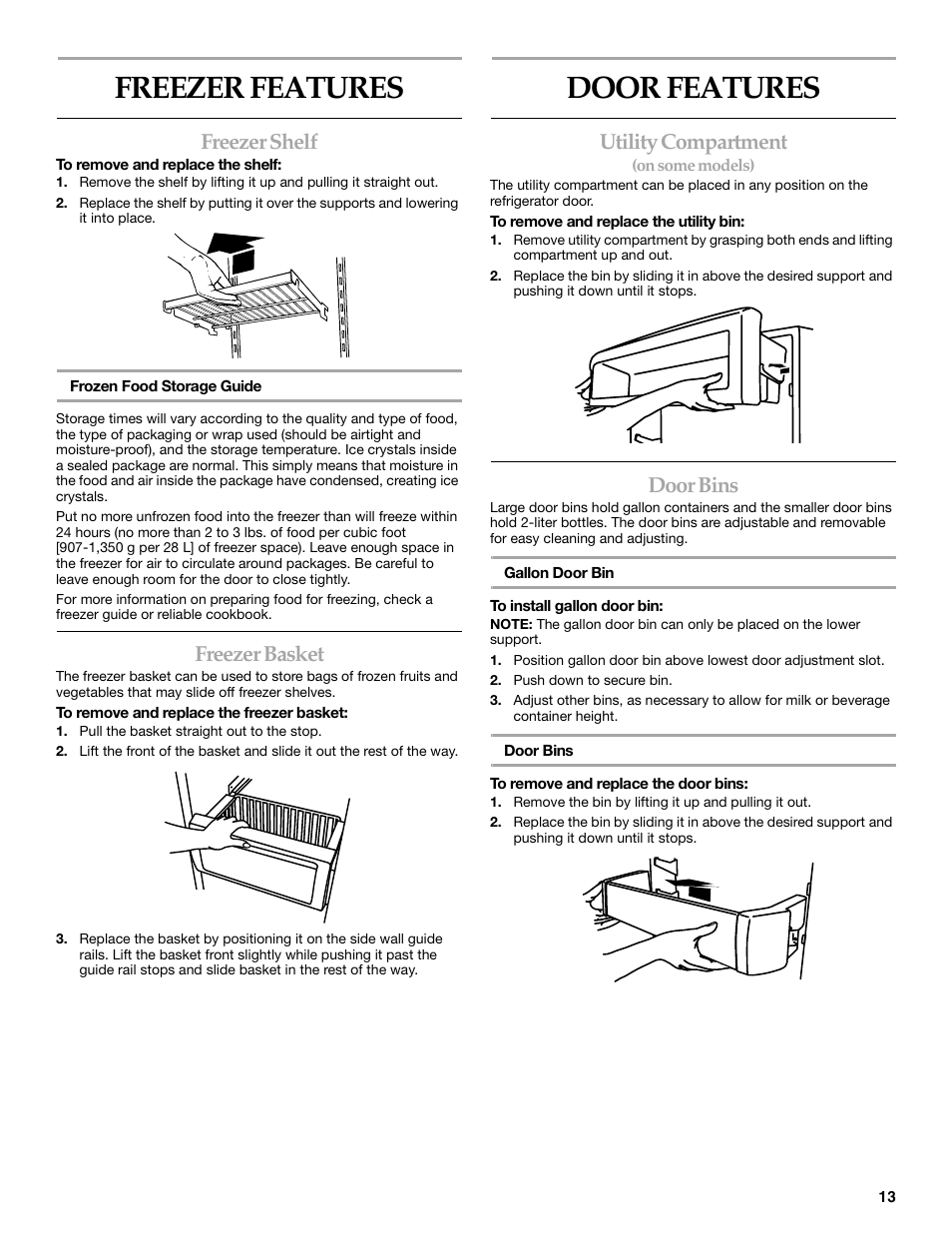 Freezer features, Door features, Freezer shelf | Freezer basket, Utility compartment, Door bins | KITCHENAID BUILT-IN REFRIGERATOR User Manual | Page 13 / 64