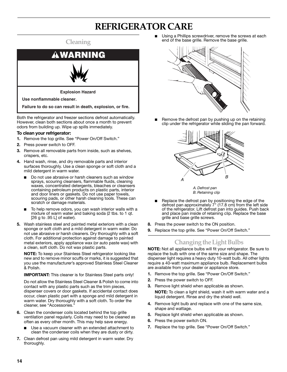 Refrigerator care, Warning, Cleaning | Changing the light bulbs | KITCHENAID BUILT-IN REFRIGERATOR User Manual | Page 14 / 64