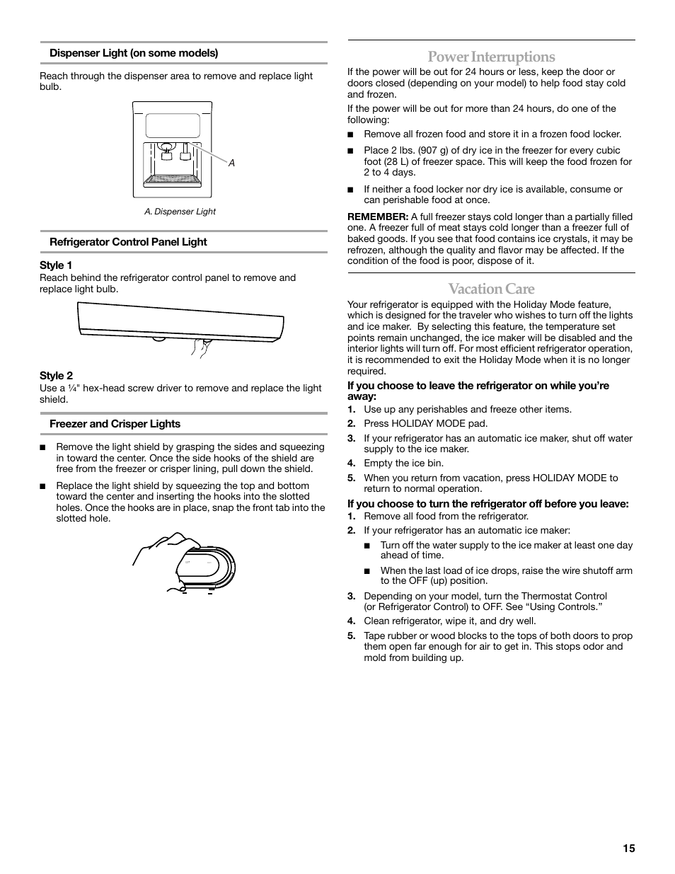 Power interruptions, Vacation care | KITCHENAID BUILT-IN REFRIGERATOR User Manual | Page 15 / 64