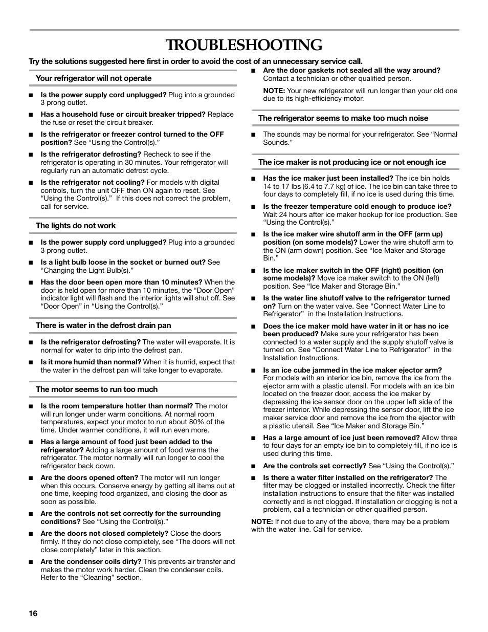 Troubleshooting | KITCHENAID BUILT-IN REFRIGERATOR User Manual | Page 16 / 64