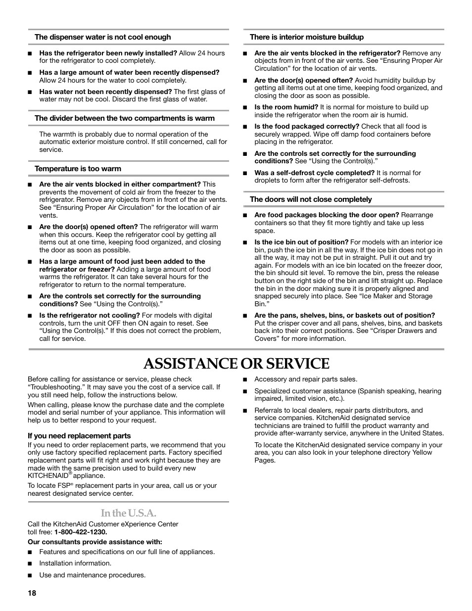 Assistance or service | KITCHENAID BUILT-IN REFRIGERATOR User Manual | Page 18 / 64