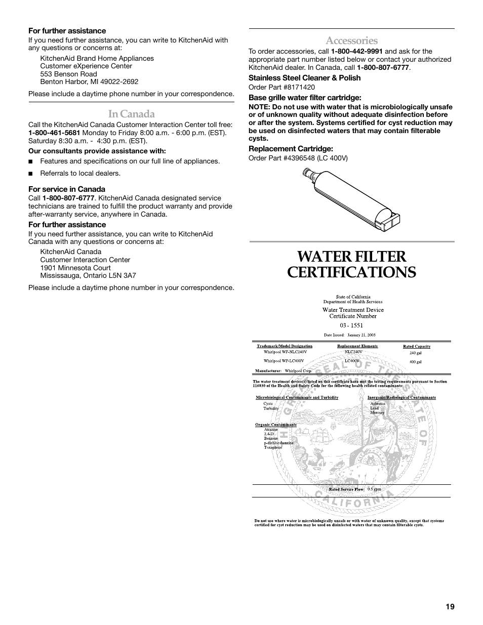 Water filter certifications, Accessories | KITCHENAID BUILT-IN REFRIGERATOR User Manual | Page 19 / 64