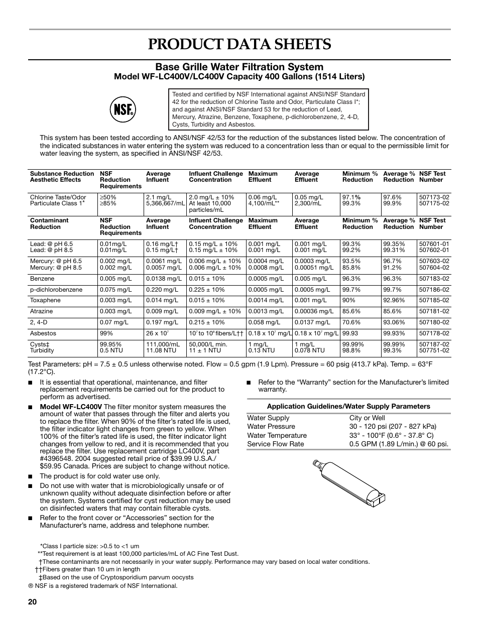 Product data sheets, Base grille water filtration system | KITCHENAID BUILT-IN REFRIGERATOR User Manual | Page 20 / 64