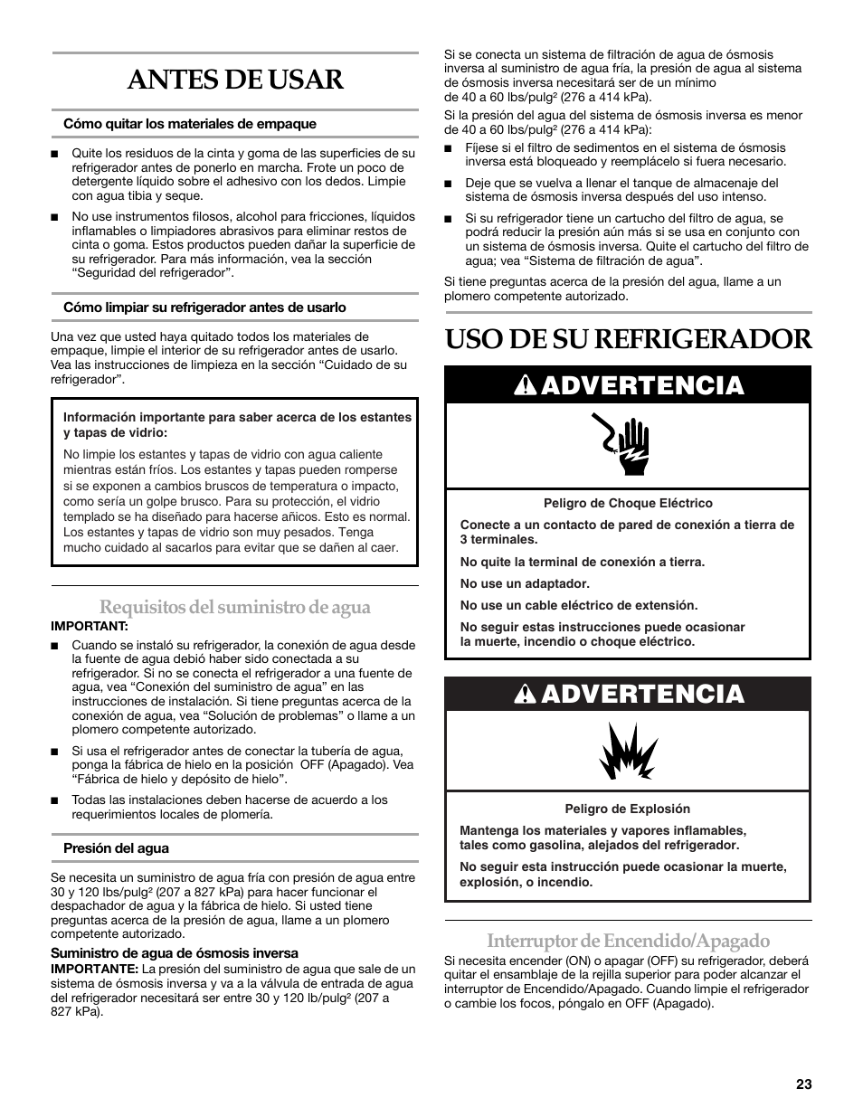 Antes de usar, Uso de su refrigerador, Advertencia | Requisitos del suministro de agua, Interruptor de encendido/apagado | KITCHENAID BUILT-IN REFRIGERATOR User Manual | Page 23 / 64