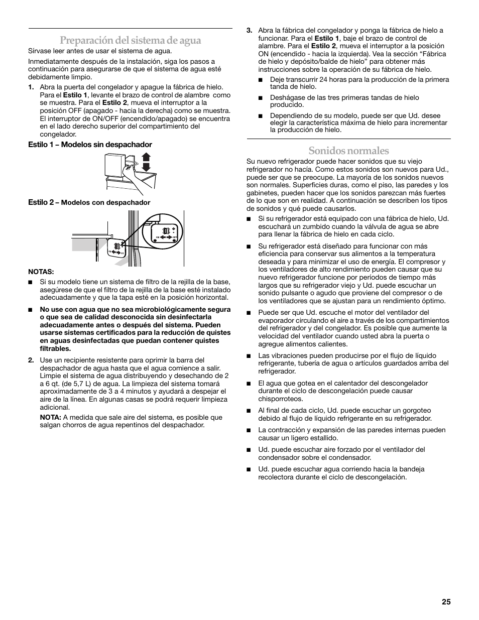 Preparación del sistema de agua, Sonidos normales | KITCHENAID BUILT-IN REFRIGERATOR User Manual | Page 25 / 64