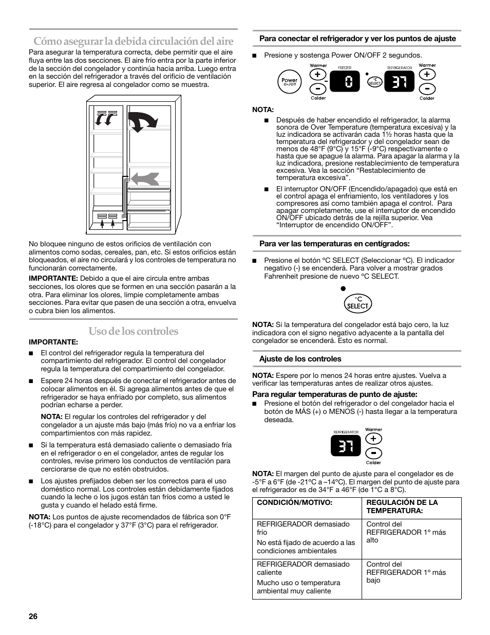 Cómo asegurar la debida circulación del aire, Uso de los controles | KITCHENAID BUILT-IN REFRIGERATOR User Manual | Page 26 / 64