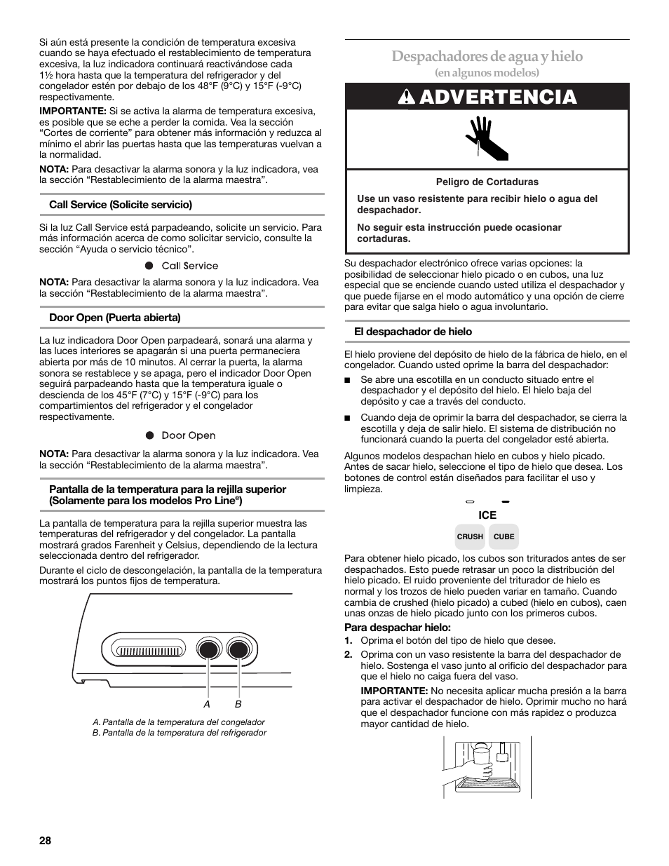 Advertencia, Despachadores de agua y hielo | KITCHENAID BUILT-IN REFRIGERATOR User Manual | Page 28 / 64