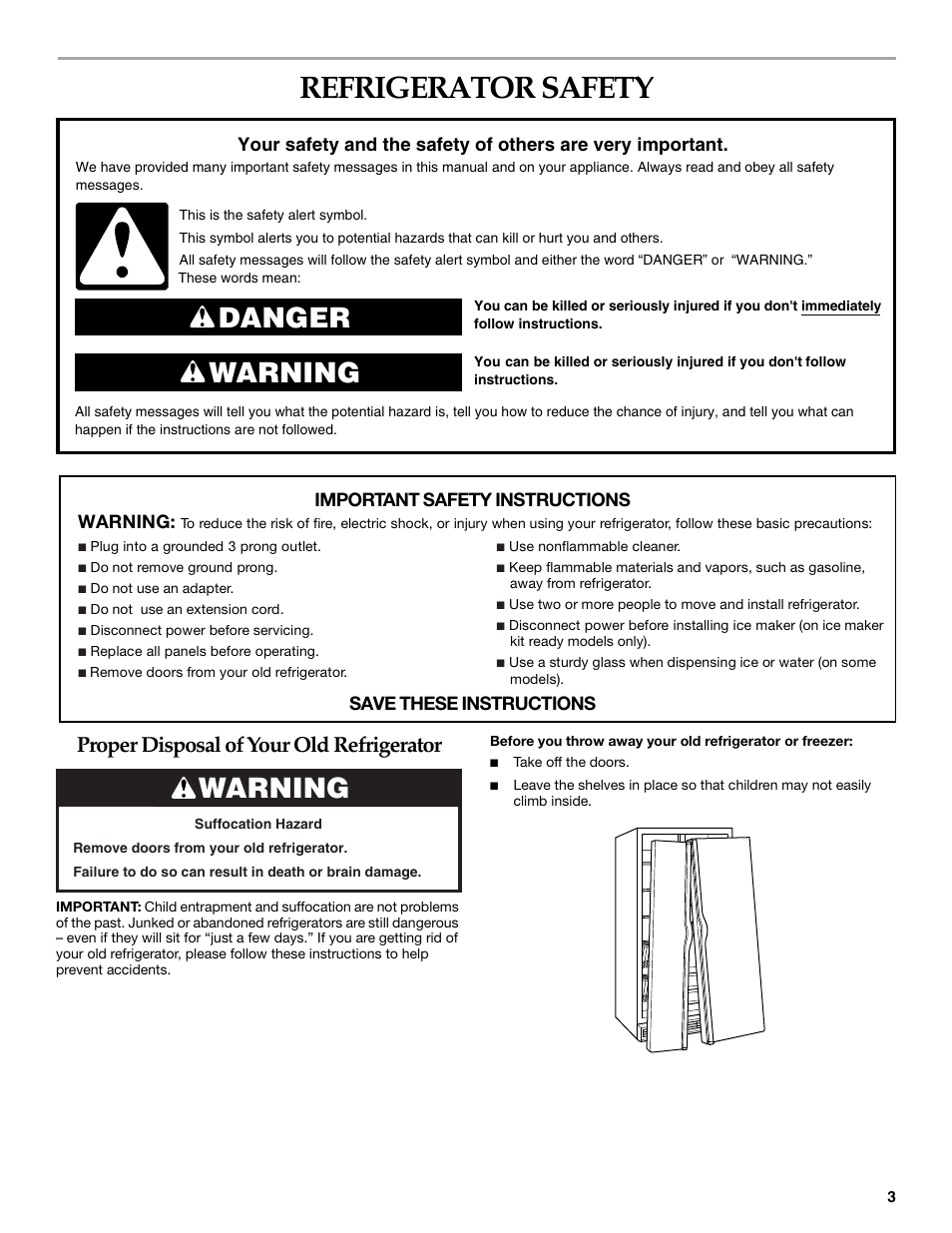 Refrigerator safety, Danger warning, Warning | Proper disposal of your old refrigerator, Important safety instructions warning, Save these instructions | KITCHENAID BUILT-IN REFRIGERATOR User Manual | Page 3 / 64