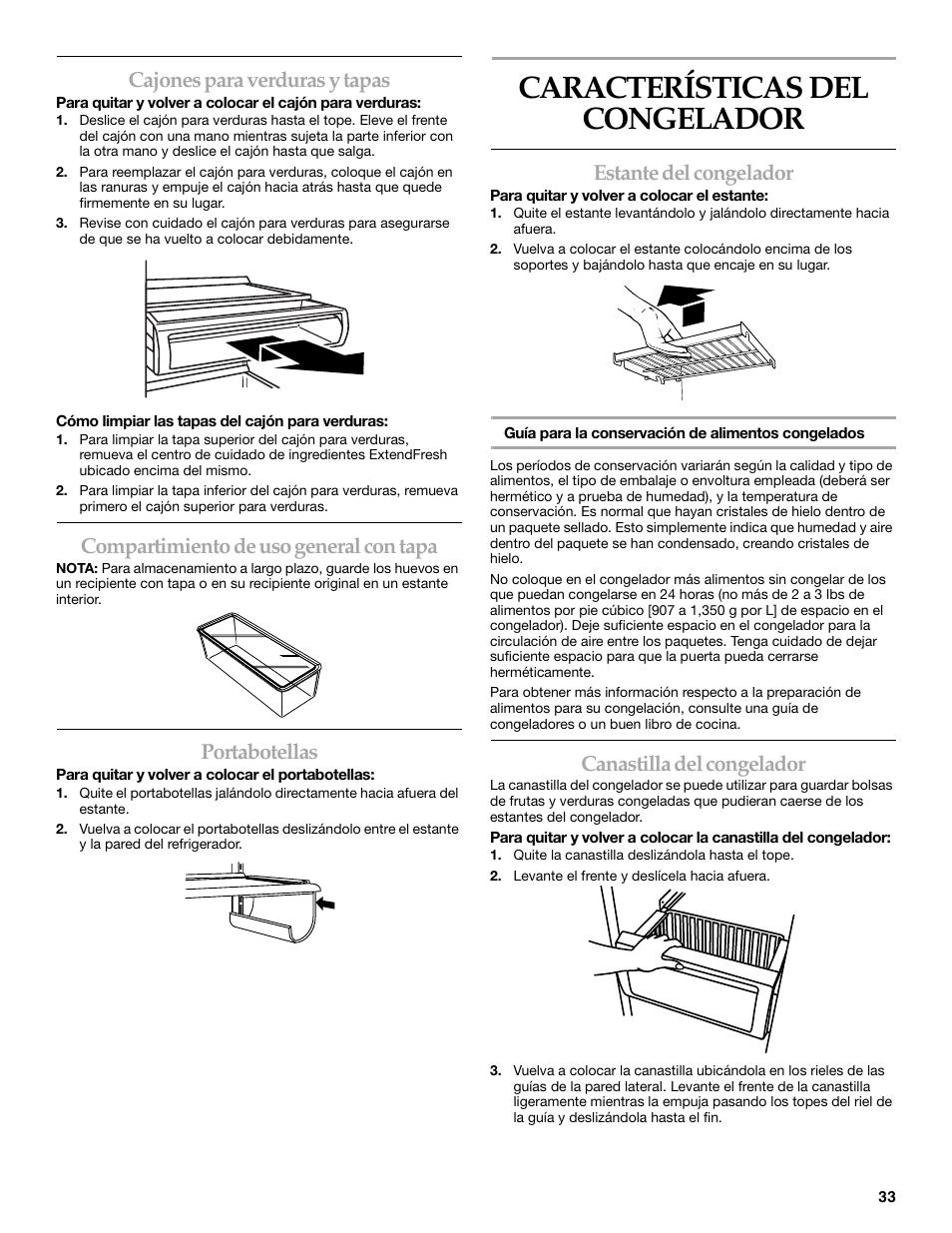 Características del congelador, Cajones para verduras y tapas, Compartimiento de uso general con tapa | Portabotellas, Estante del congelador, Canastilla del congelador | KITCHENAID BUILT-IN REFRIGERATOR User Manual | Page 33 / 64