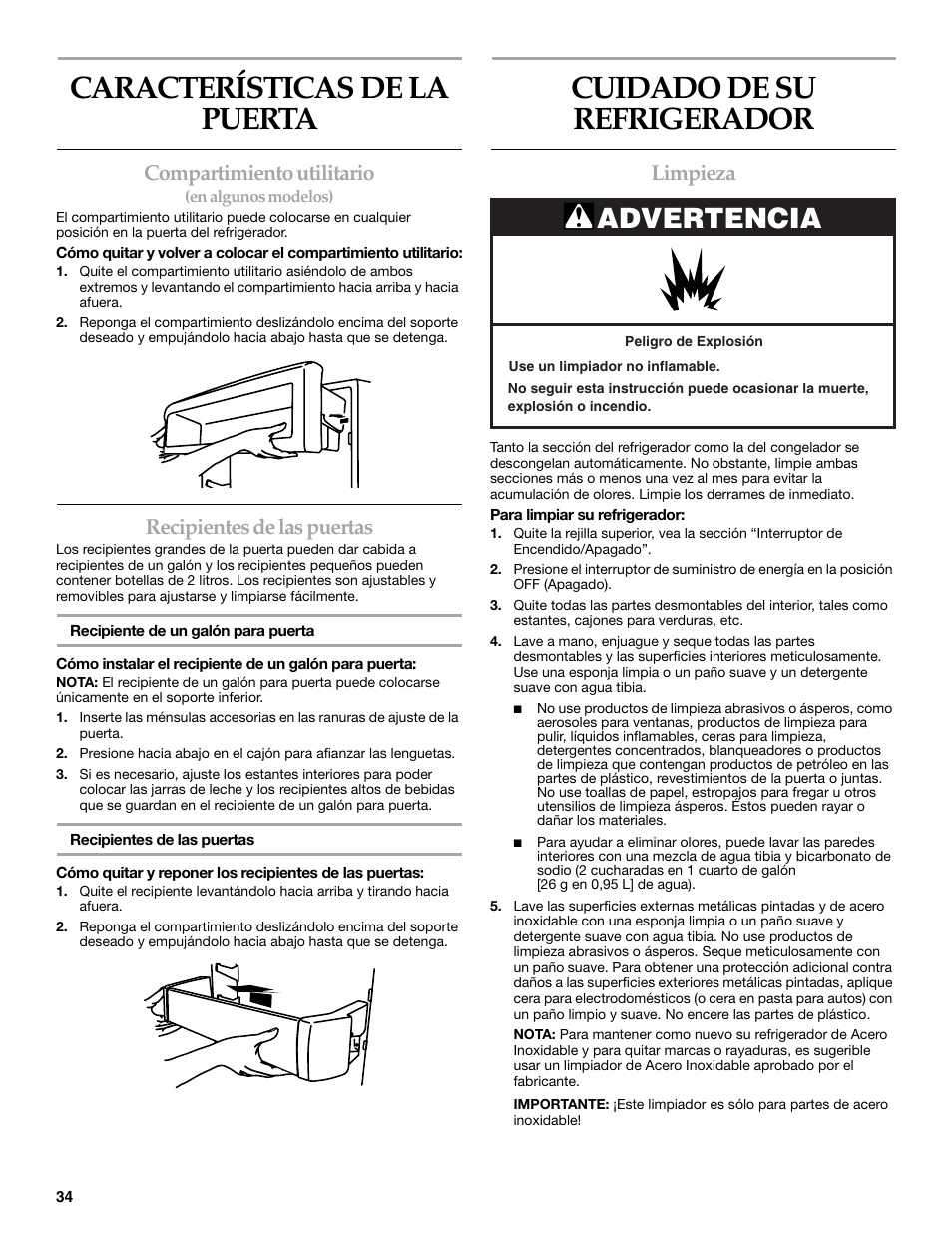 Características de la puerta, Cuidado de su refrigerador, Advertencia | Compartimiento utilitario, Recipientes de las puertas, Limpieza | KITCHENAID BUILT-IN REFRIGERATOR User Manual | Page 34 / 64