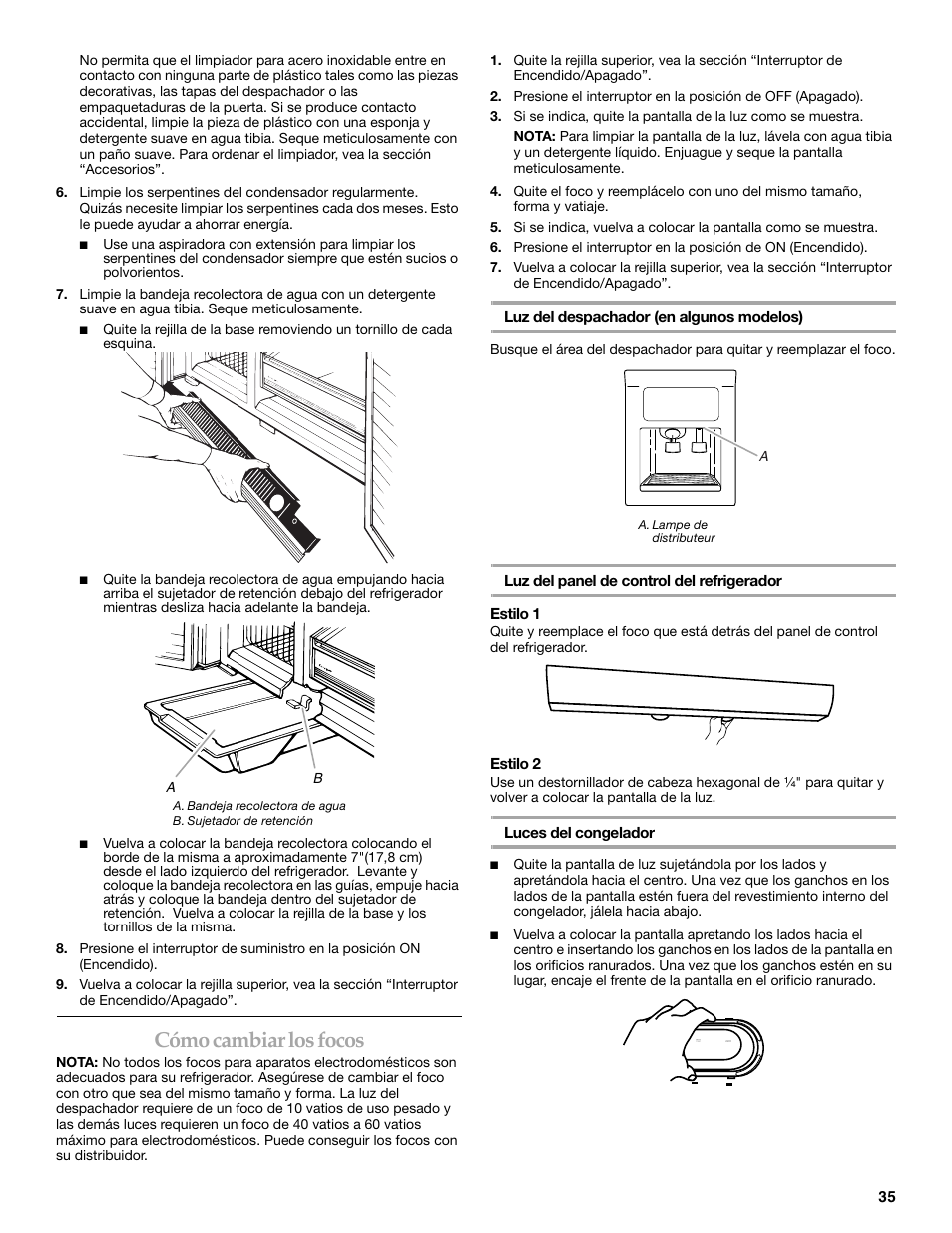 Cómo cambiar los focos | KITCHENAID BUILT-IN REFRIGERATOR User Manual | Page 35 / 64