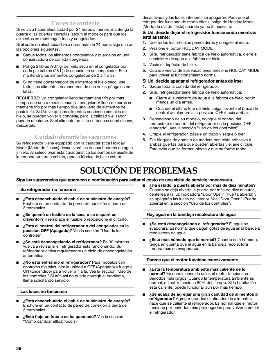 Solución de problemas, Cortes de corriente, Cuidado durante las vacaciones | KITCHENAID BUILT-IN REFRIGERATOR User Manual | Page 36 / 64