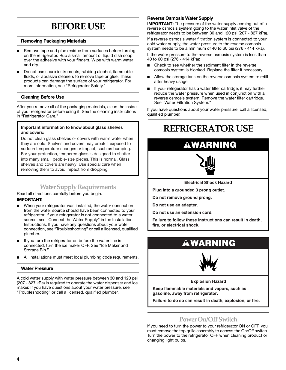 Before use, Refrigerator use, Warning | Water supply requirements, Power on/off switch | KITCHENAID BUILT-IN REFRIGERATOR User Manual | Page 4 / 64