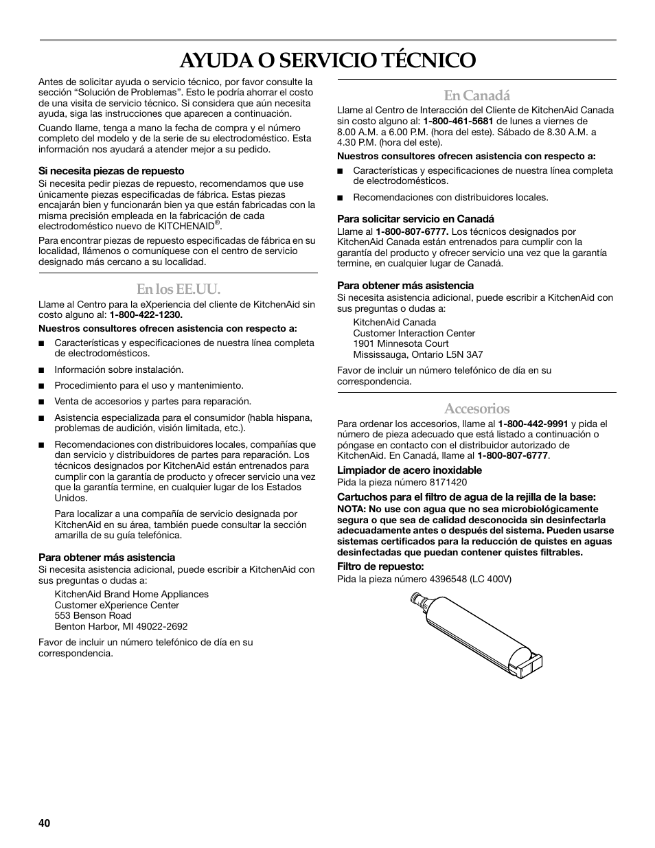 Ayuda o servicio técnico, En los ee.uu, En canadá | Accesorios | KITCHENAID BUILT-IN REFRIGERATOR User Manual | Page 40 / 64